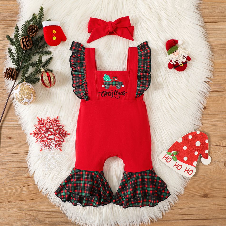 Christmas 2pcs Baby Girl Car & Letter Embroidered Plaid Ruffle Trim Bell Bottom Jumpsuit with Headband Set Red big image 1