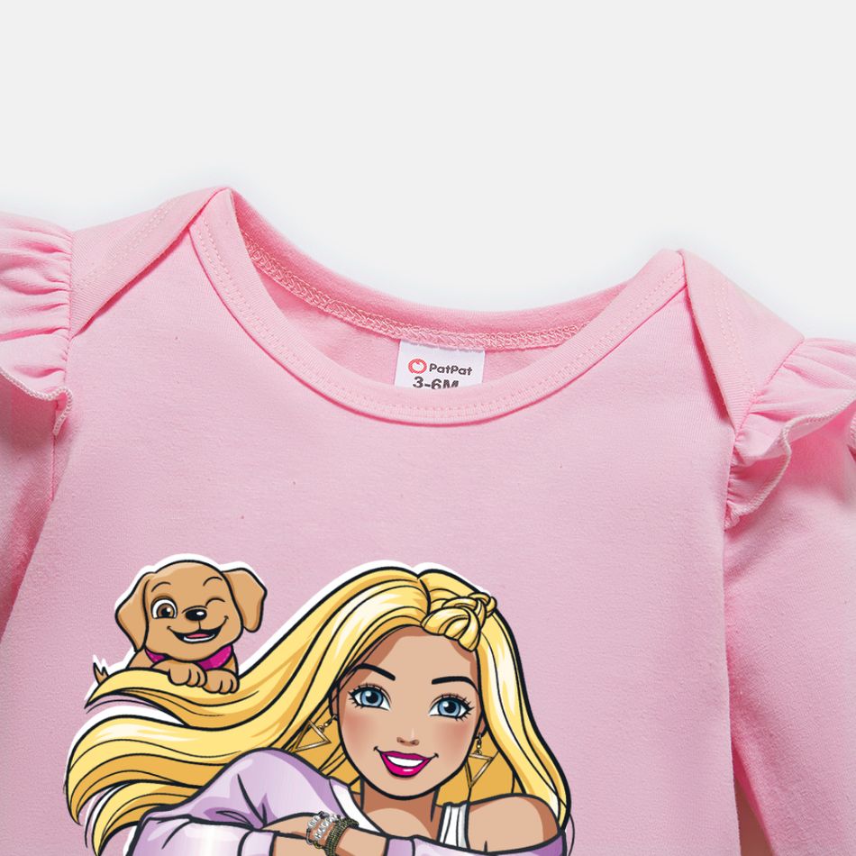 Barbie Baby Girl 100% Cotton Ruffle Long-sleeve Graphic Jumpsuit Light Pink big image 3