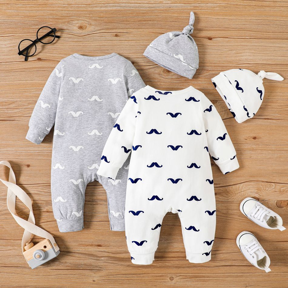 4-Pack Baby Boy 95% Cotton Long-sleeve Allover Mustache Print Jumpsuits with Hats Set Multi-color big image 2