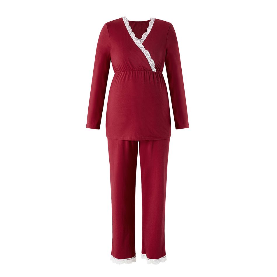 Nursing Lace Trim Long-sleeve Tee and Pants Pajamas Lounge Set Burgundy big image 1