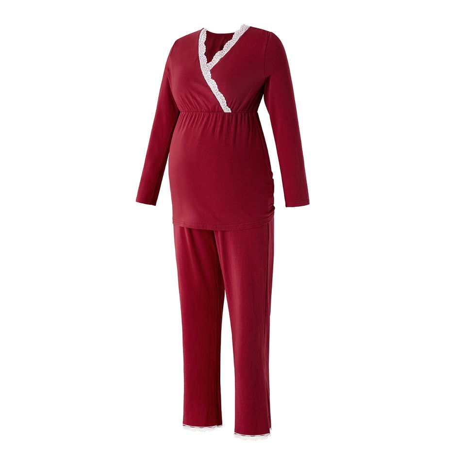 Nursing Lace Trim Long-sleeve Tee and Pants Pajamas Lounge Set Burgundy big image 3