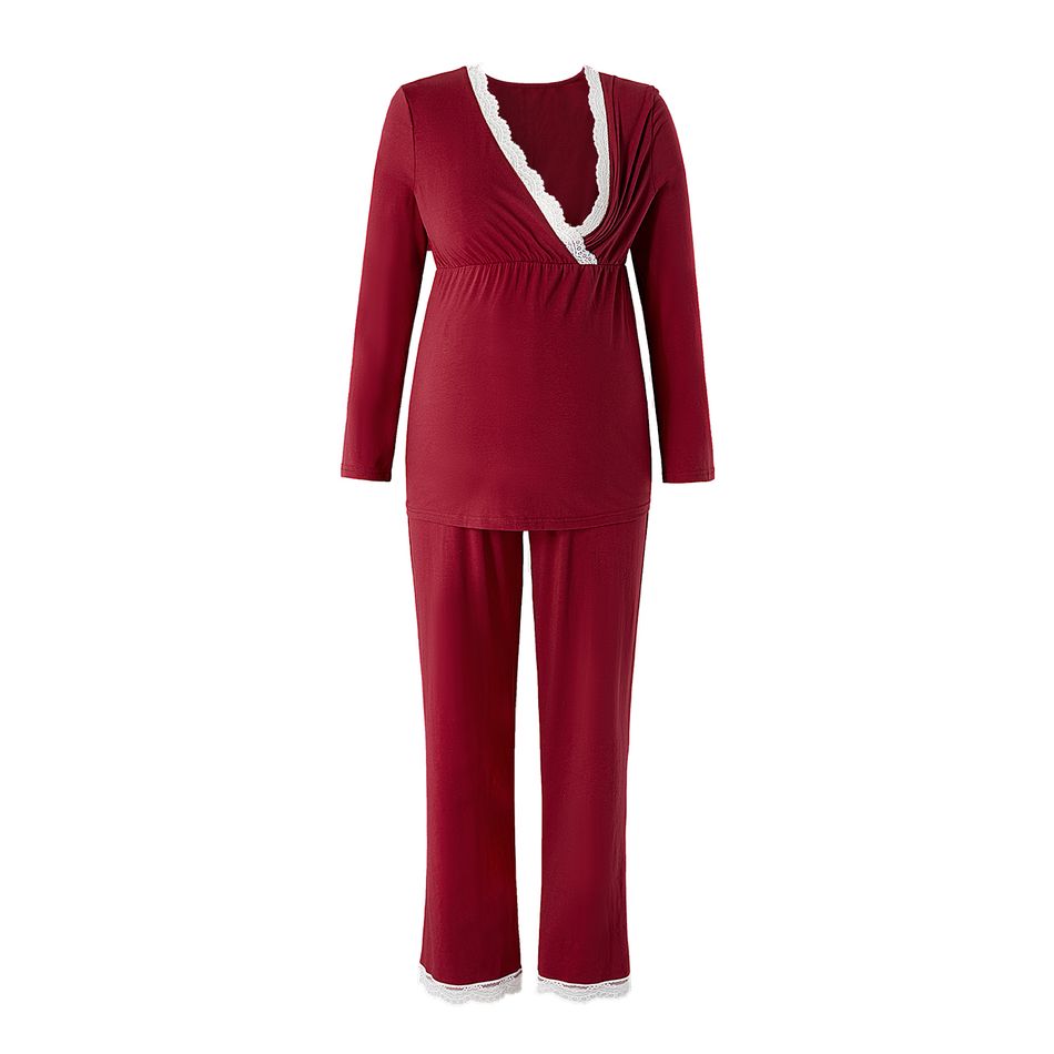 Nursing Lace Trim Long-sleeve Tee and Pants Pajamas Lounge Set Burgundy big image 2