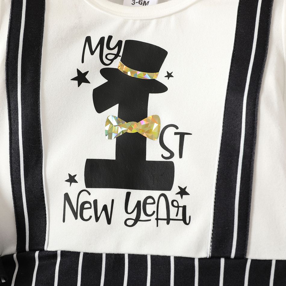 New Year 2pcs Baby Boy Letter Print Black Striped Faux-two Long-sleeve Jumpsuit with Hat Set BlackandWhite big image 3