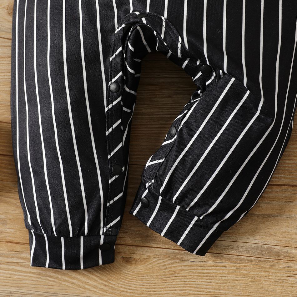 New Year 2pcs Baby Boy Letter Print Black Striped Faux-two Long-sleeve Jumpsuit with Hat Set BlackandWhite big image 4