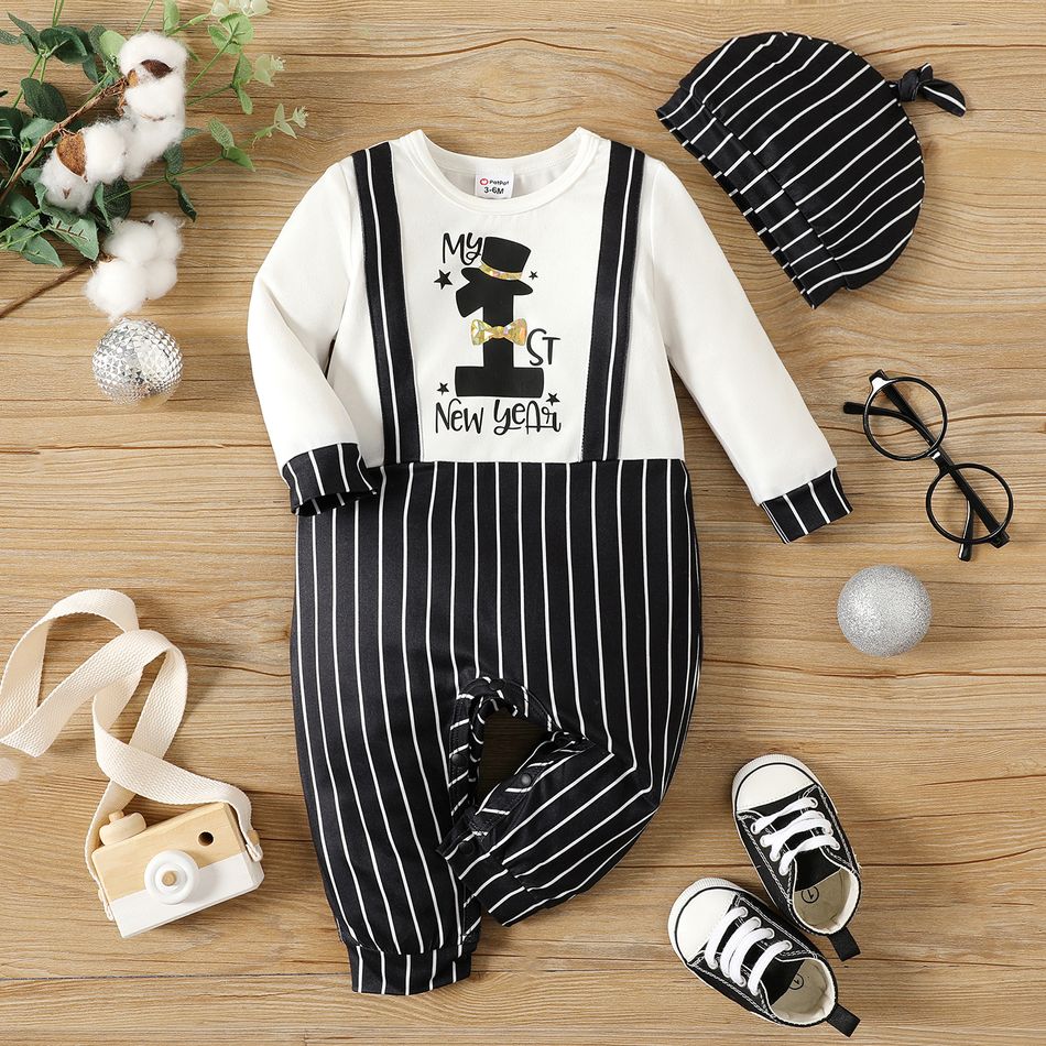 New Year 2pcs Baby Boy Letter Print Black Striped Faux-two Long-sleeve Jumpsuit with Hat Set BlackandWhite big image 1