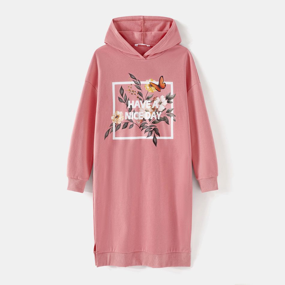 Mommy and Me Floral & Letter Print Pink Long-sleeve Hoodie Dress Burgundy big image 2