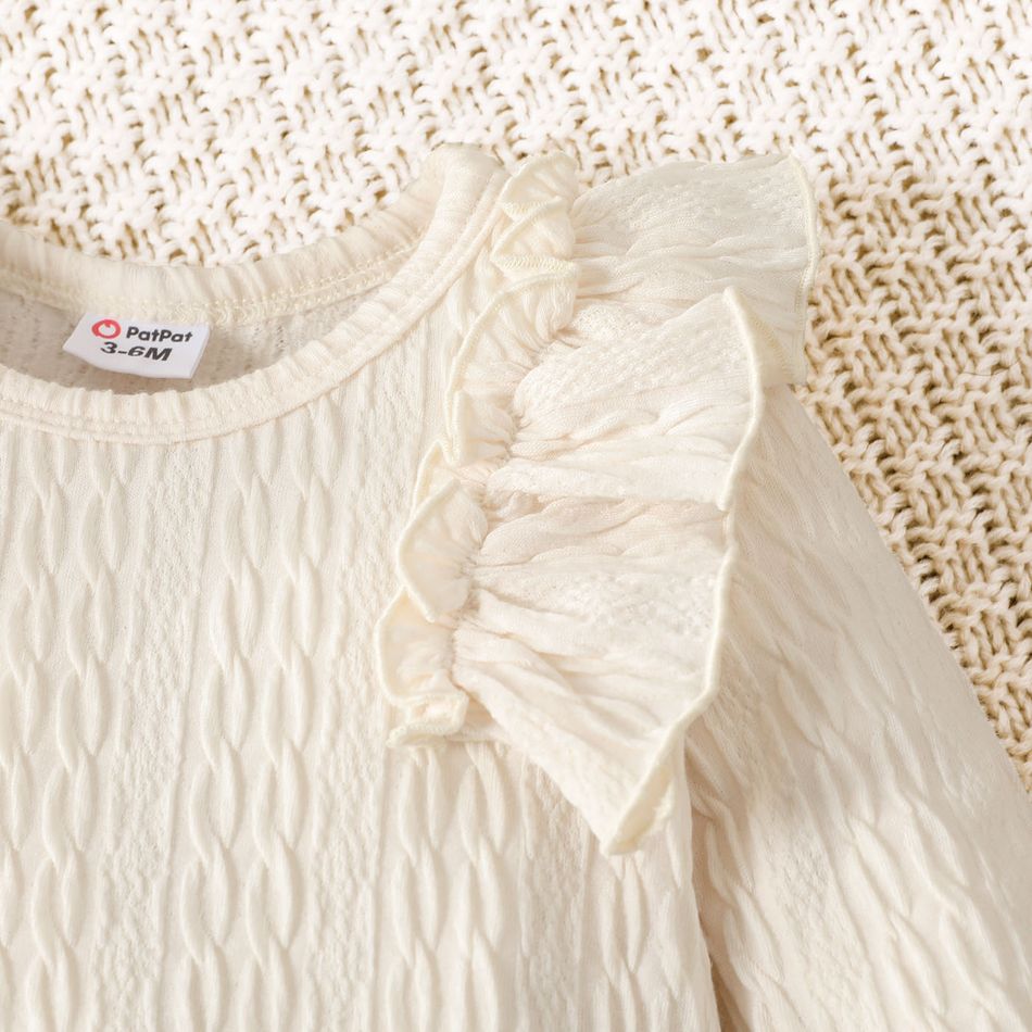 2pcs Baby Girl Solid Cable Knit Ruffle Trim Long-sleeve Romper and Pants Set White big image 4