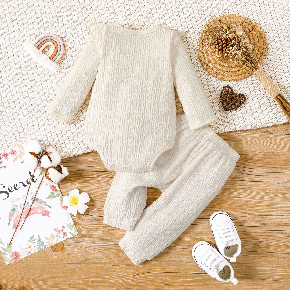 2pcs Baby Girl Solid Cable Knit Ruffle Trim Long-sleeve Romper and Pants Set White big image 3