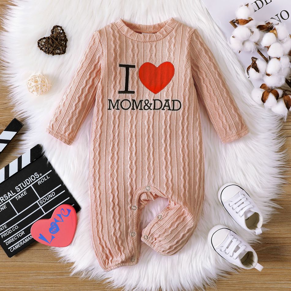Baby Boy Letter & Heart Embroidered Cable Knit Long-sleeve Jumpsuit Pink