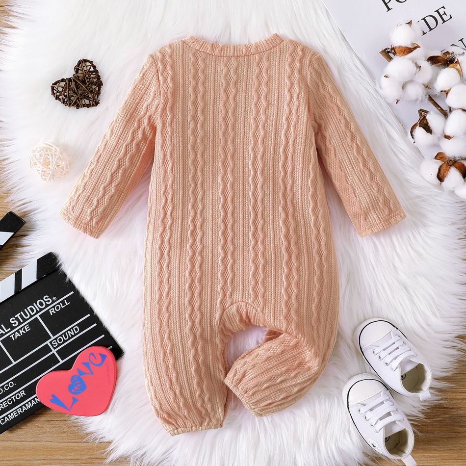Baby Boy Letter & Heart Embroidered Cable Knit Long-sleeve Jumpsuit Pink big image 3