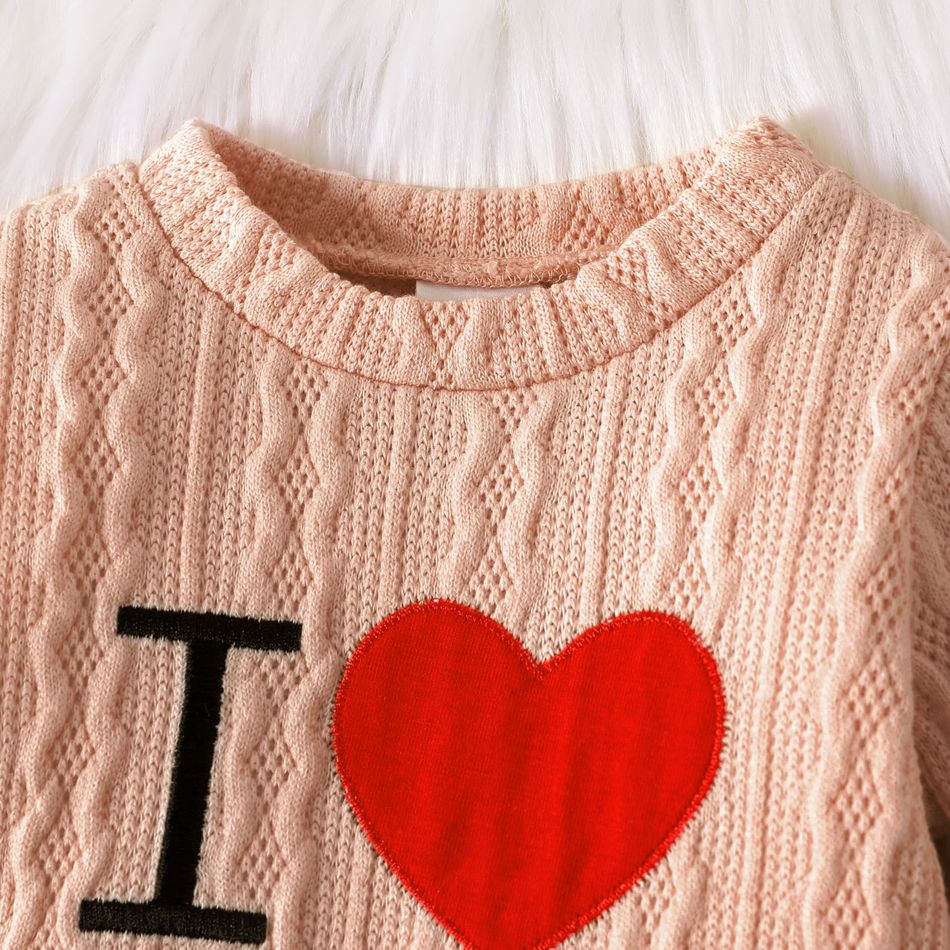Baby Boy Letter & Heart Embroidered Cable Knit Long-sleeve Jumpsuit Pink big image 4