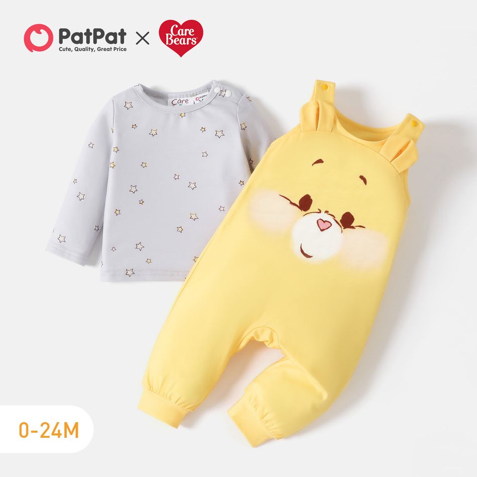Care Bears 2pcs Baby Boy/Girl Allover Print Long-sleeve T-shirt and Cartoon Graphic Sleeveless Jumpsuit Set Yellow big image 1