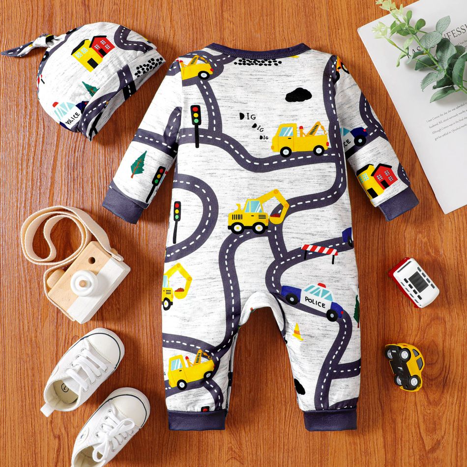 2pcs Baby Boy Allover Road Vehicle Print Long-sleeve Jumpsuit with Hat Set Color block big image 2