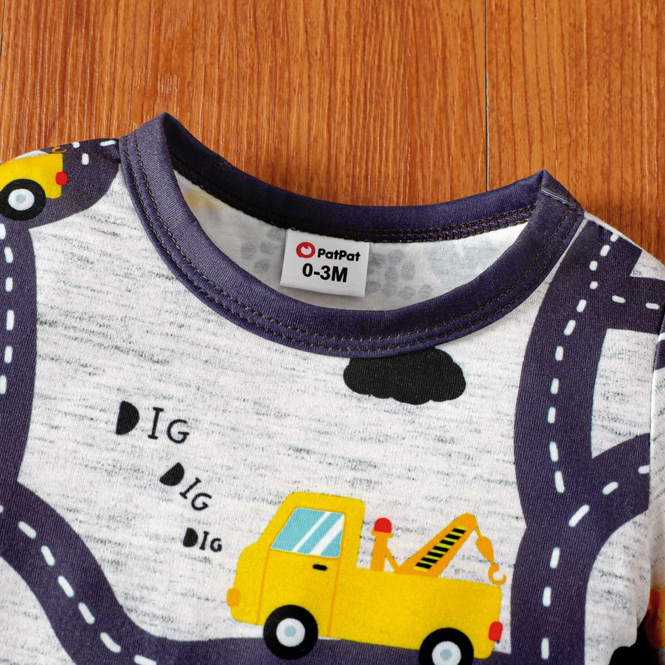 2pcs Baby Boy Allover Road Vehicle Print Long-sleeve Jumpsuit with Hat Set Color block big image 3