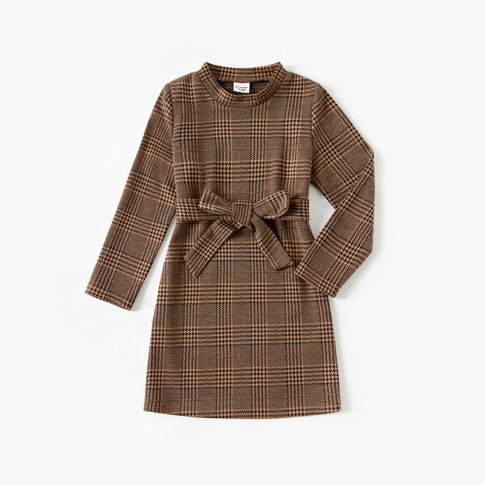 Mommy and Me Brown Plaid Mock Neck Long-sleeve Belted Pencil Dresses Brown big image 6
