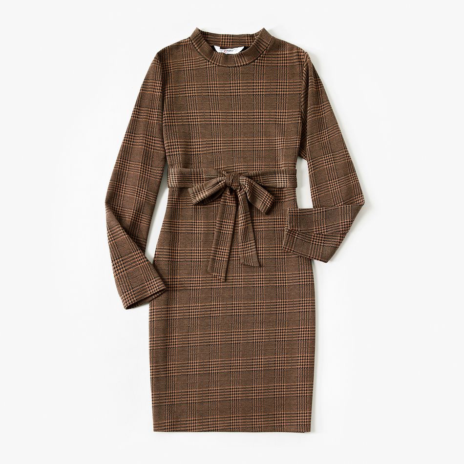 Mommy and Me Brown Plaid Mock Neck Long-sleeve Belted Pencil Dresses Brown big image 2