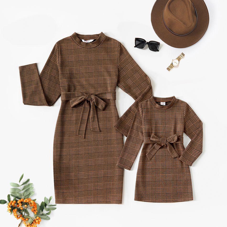 Mommy and Me Brown Plaid Mock Neck Long-sleeve Belted Pencil Dresses Brown