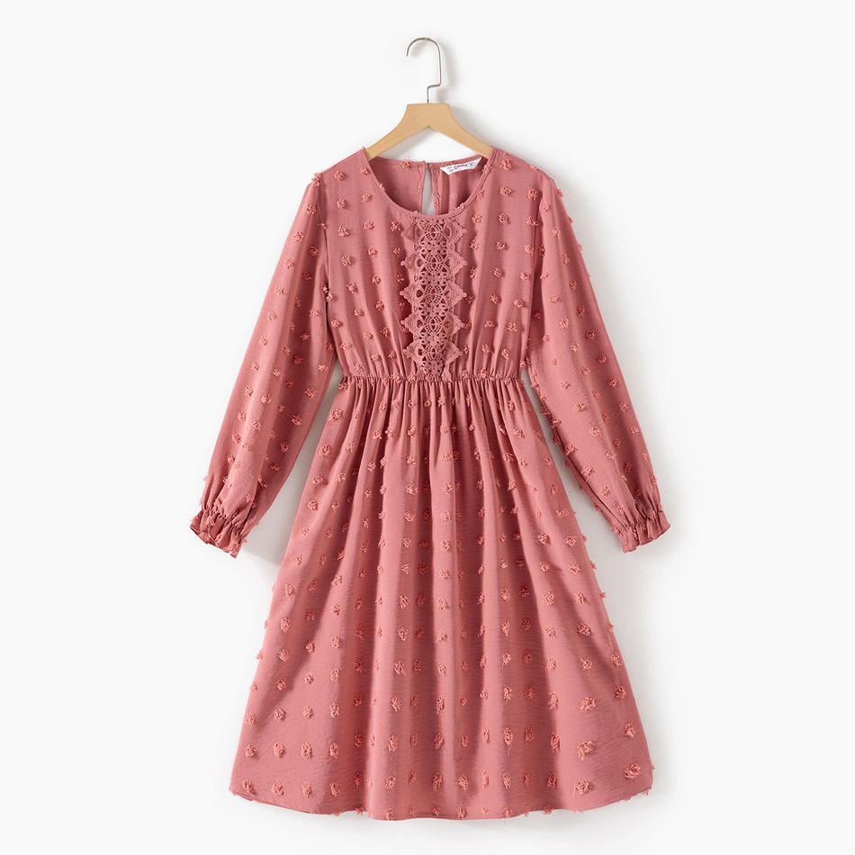 Mommy and Me Pink Swiss Dot Long-sleeve Lace Detail Dresses Dark Pink big image 2