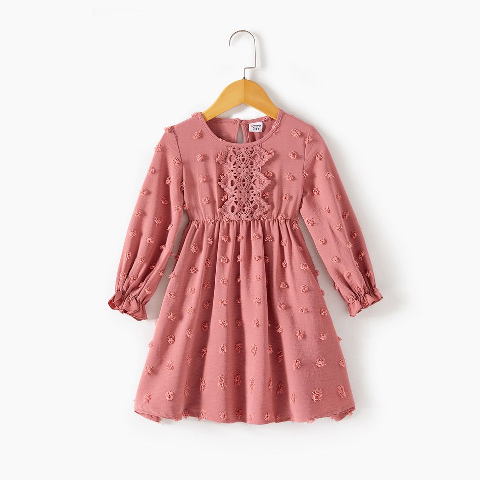 Mommy and Me Pink Swiss Dot Long-sleeve Lace Detail Dresses Dark Pink big image 8