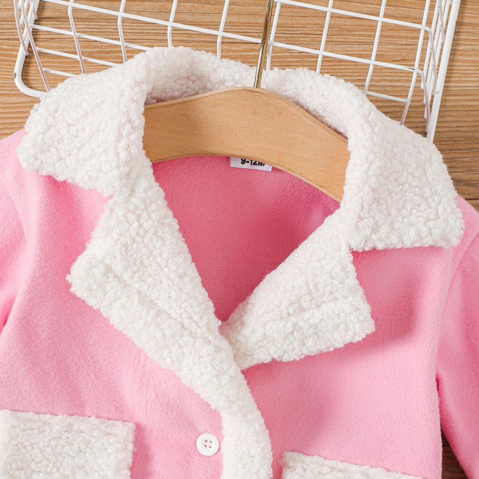 Baby Girl Sherpa Fleece Lapel Collar Long-sleeve Thermal Coat Pink big image 3