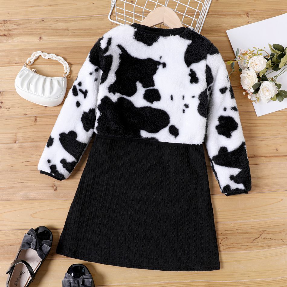 2pcs Kid Girl Textured Long-sleeve Black Dress and Cow Print Fleece Cardigan Set ColorBlock