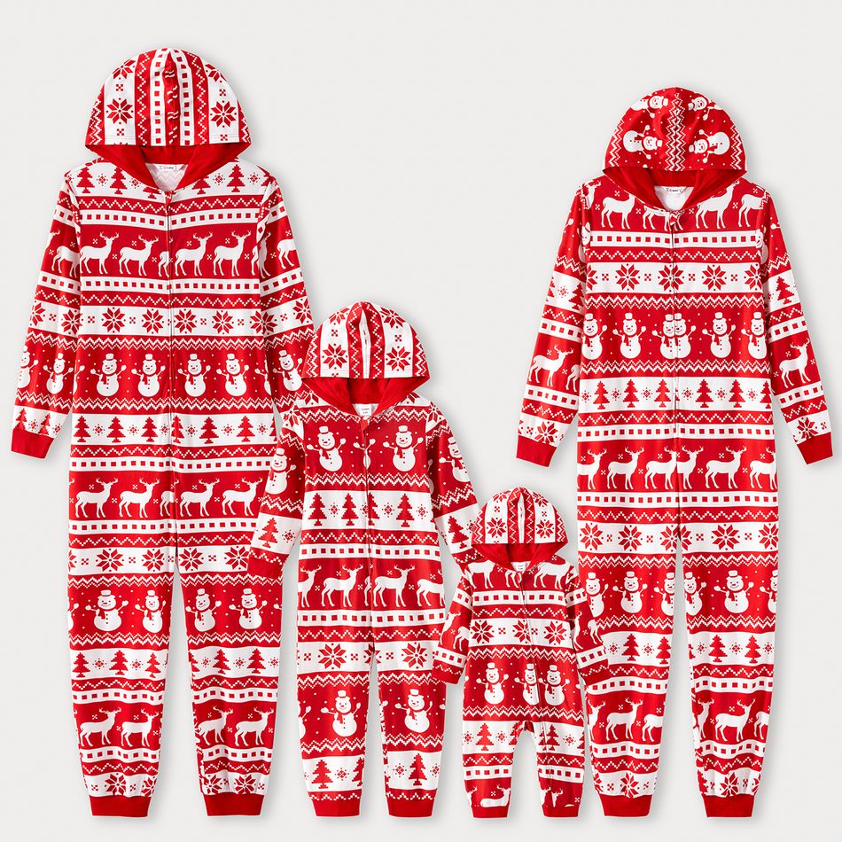 Christmas Family Matching Allover Red Print Long-sleeve Hooded Zipper Onesies Pajamas Sets (Flame Resistant) Red-2 big image 8