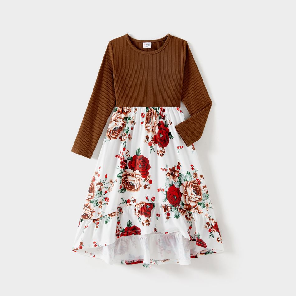 Family Matching Brown Rib Knit Spliced Floral Print Dresses and Long-sleeve Colorblock T-shirts Sets YellowBrown big image 4