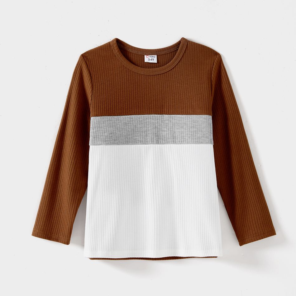 Family Matching Brown Rib Knit Spliced Floral Print Dresses and Long-sleeve Colorblock T-shirts Sets YellowBrown big image 11