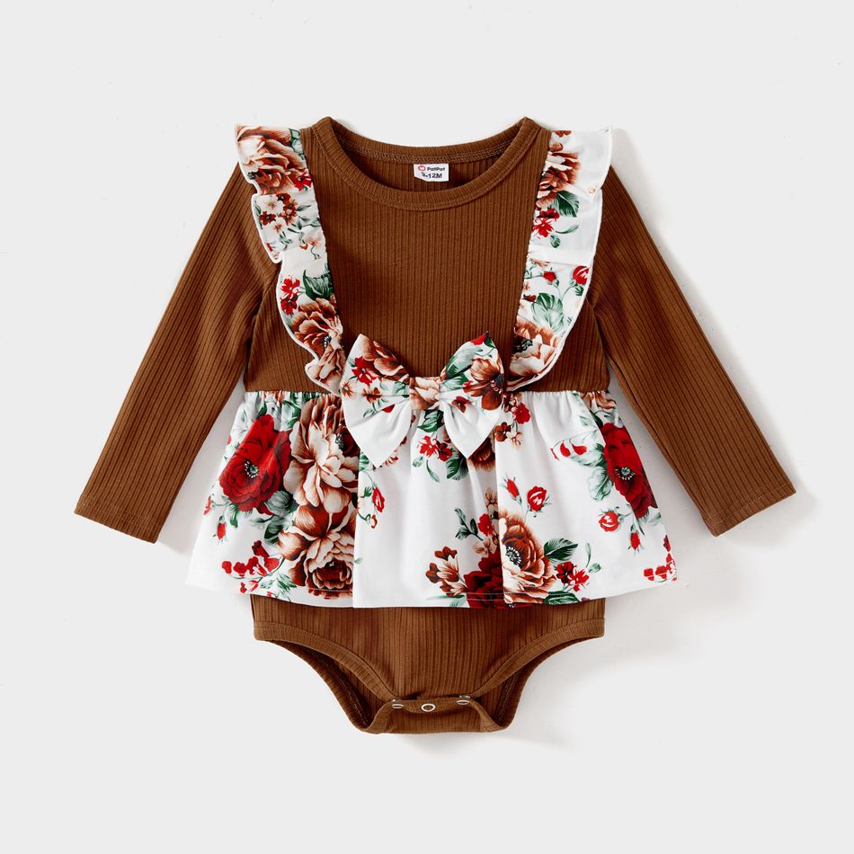 Family Matching Brown Rib Knit Spliced Floral Print Dresses and Long-sleeve Colorblock T-shirts Sets YellowBrown big image 7
