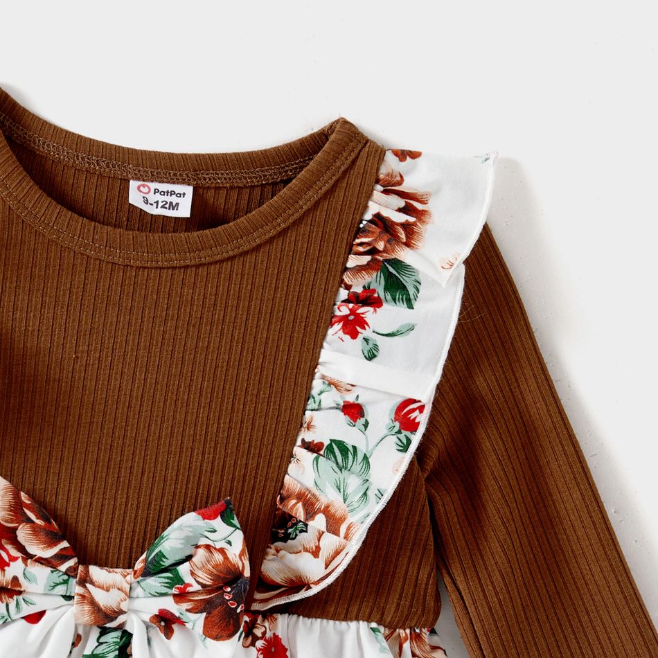 Family Matching Brown Rib Knit Spliced Floral Print Dresses and Long-sleeve Colorblock T-shirts Sets YellowBrown big image 8