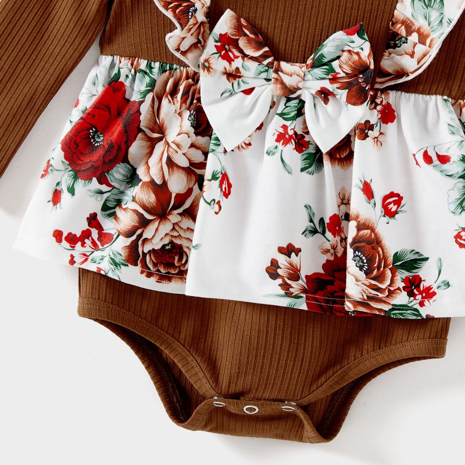Family Matching Brown Rib Knit Spliced Floral Print Dresses and Long-sleeve Colorblock T-shirts Sets YellowBrown big image 9