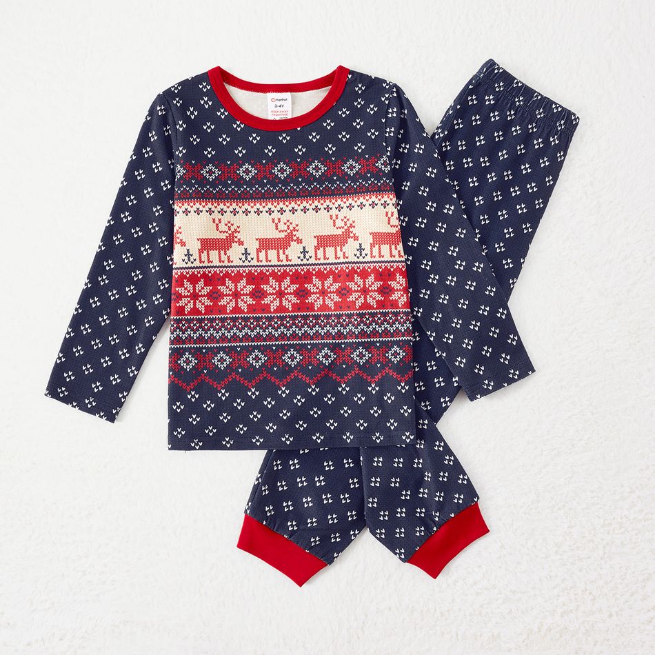 Christmas Family Matching Allover Deer & Snowflake Print Long-sleeve Pajamas Sets (Flame Resistant) DeepSapphireBlue big image 5