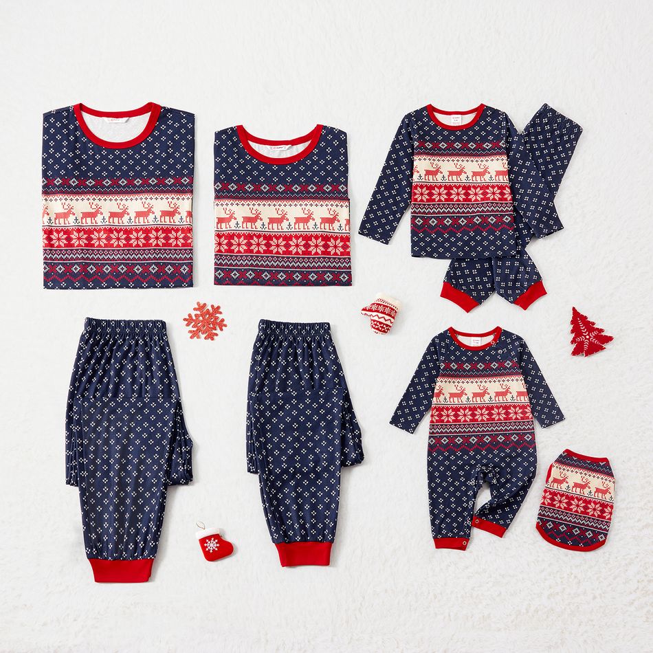 Christmas Family Matching Allover Deer & Snowflake Print Long-sleeve Pajamas Sets (Flame Resistant) DeepSapphireBlue big image 3
