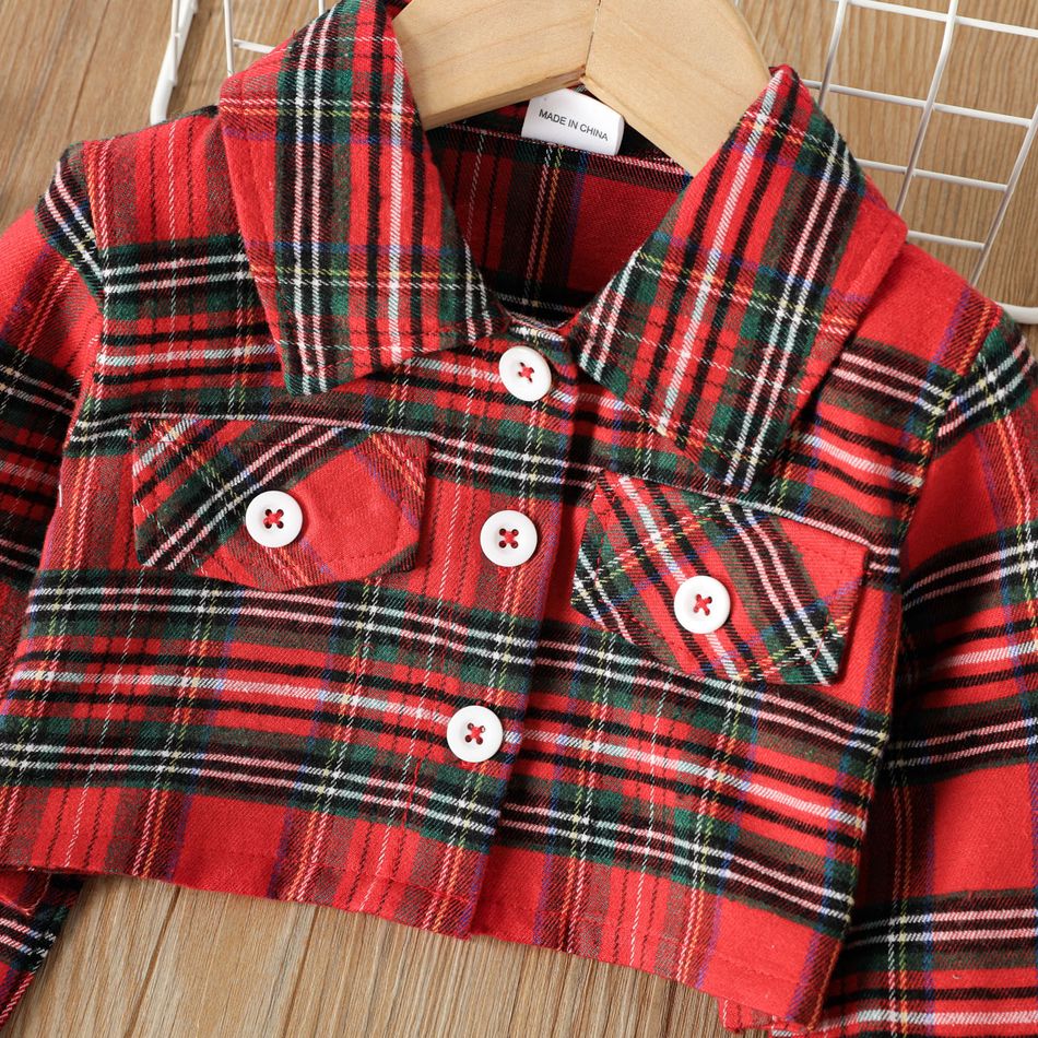 2pcs Toddler Girl Trendy Mesh Splice Cami Dress and Plaid Jacket Set redblack big image 4