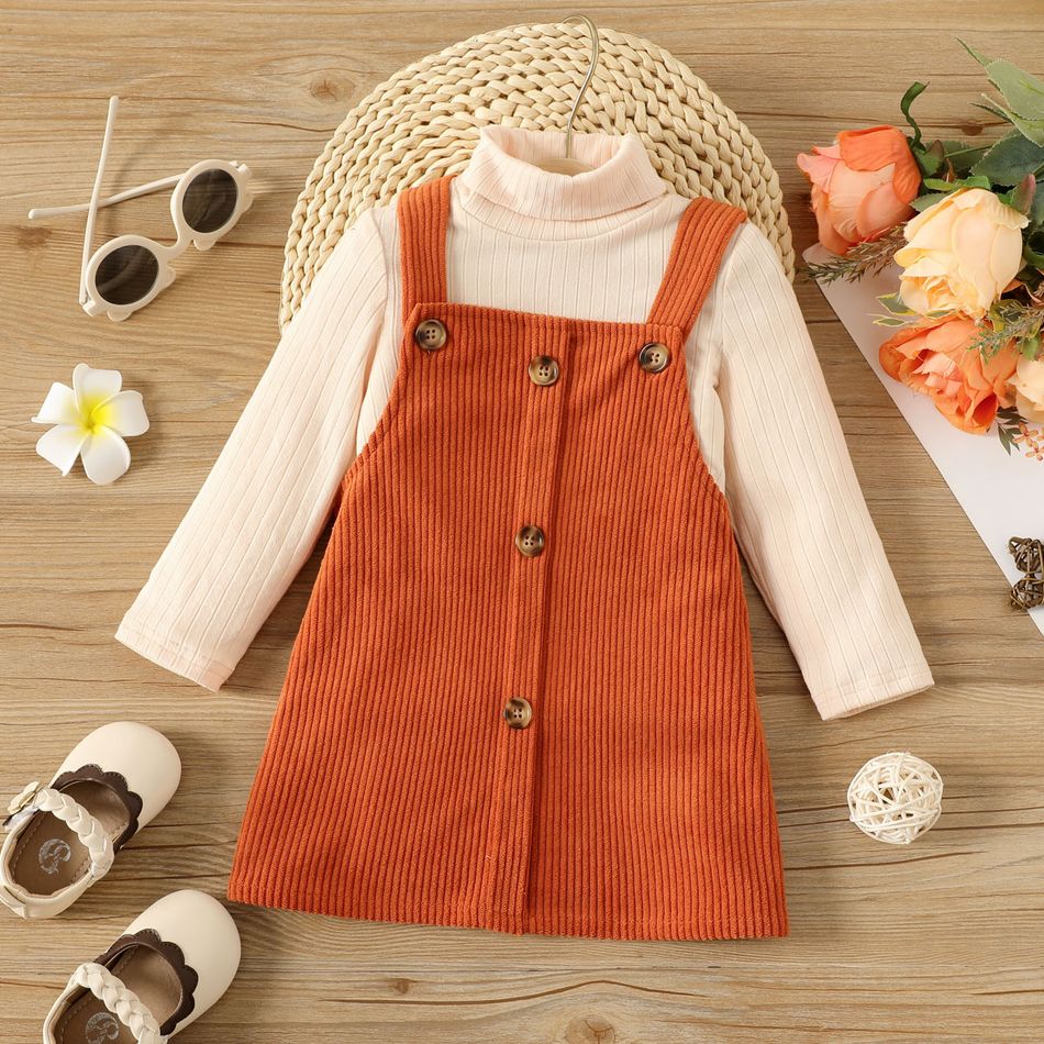 2pcs Baby Girl Solid Ribbed Turtleneck Long-sleeve Top and Corduroy Overall Dress Set Reddishbrown big image 1