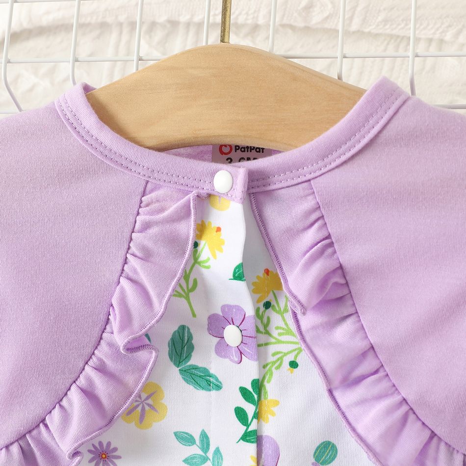 2pcs Baby Girl Purple Long-sleeve Faux-two Floral Print Button Jumpsuit with Headband Set Purple big image 3