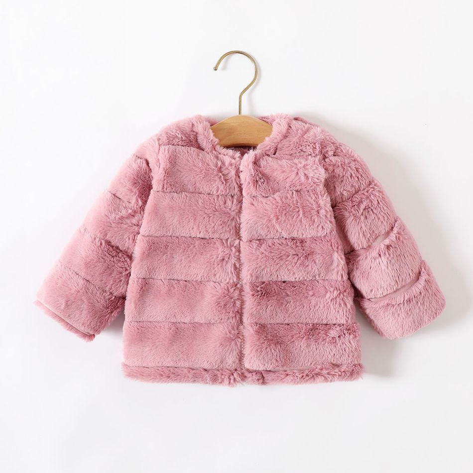 Baby Girl Pink Faux Fur Fluffy Long-sleeve Zipper Thermal Coat Light Pink