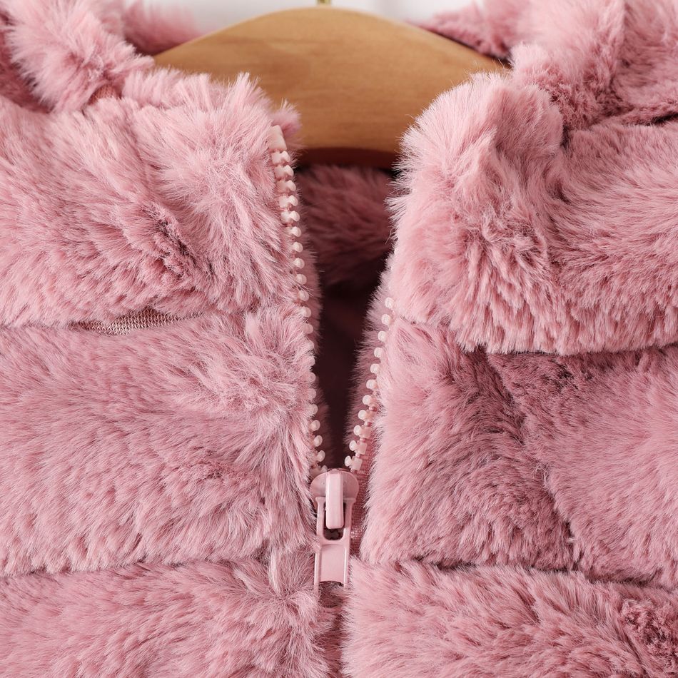 Baby Girl Pink Faux Fur Fluffy Long-sleeve Zipper Thermal Coat Light Pink big image 3
