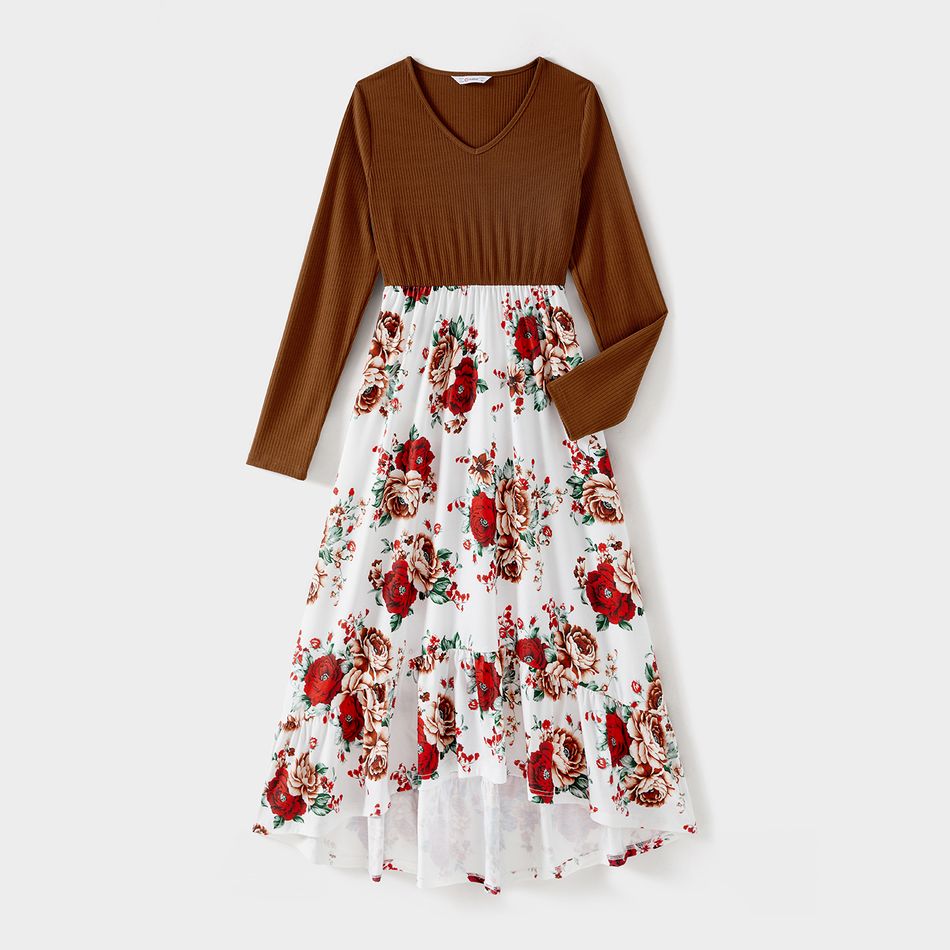 Family Matching Brown Rib Knit Spliced Floral Print Dresses and Long-sleeve Colorblock T-shirts Sets YellowBrown big image 2