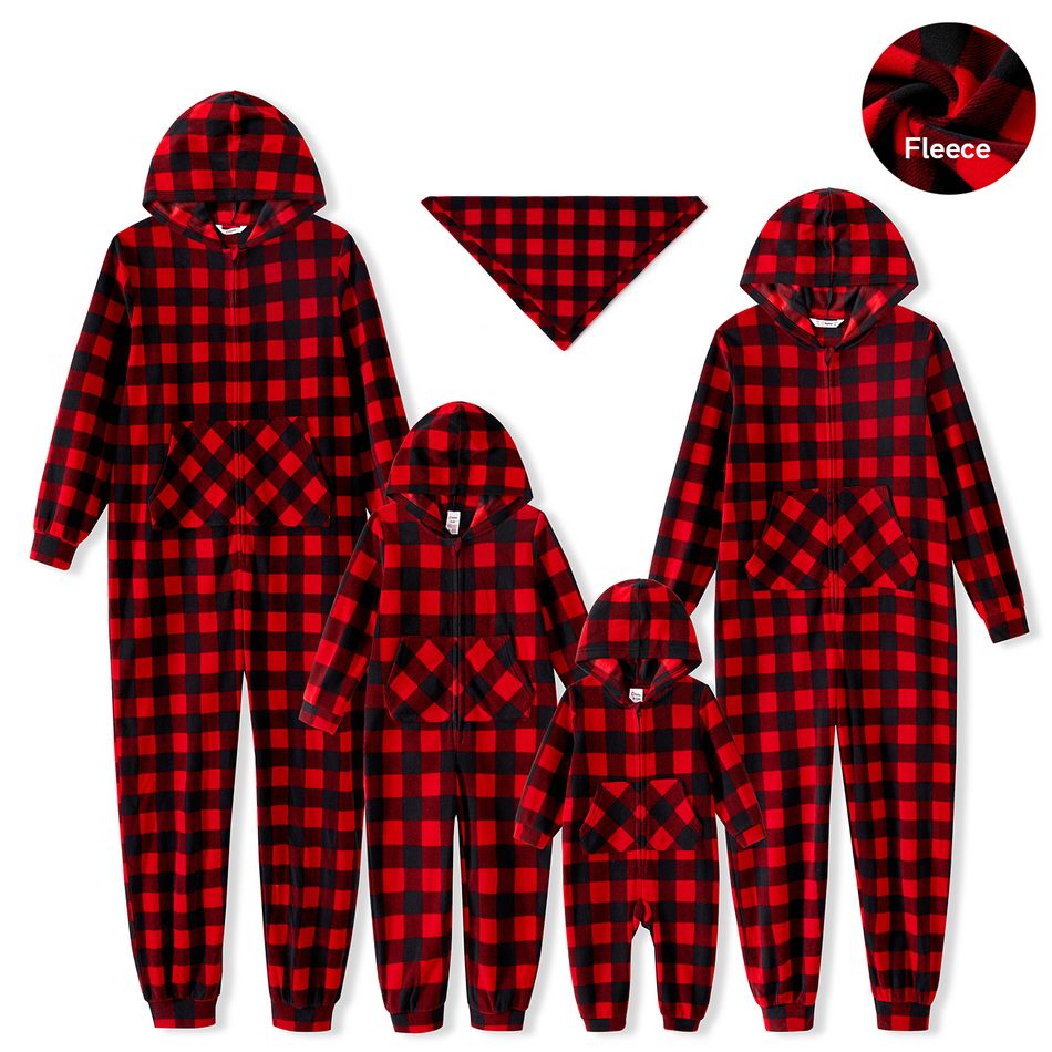 Christmas Family Matching Red Plaid Hooded Long-sleeve Thickened Polar Fleece Zipper Onesies Pajamas (Flame Resistant) redblack