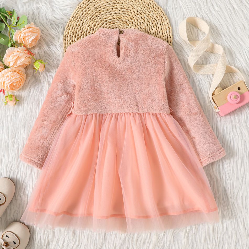 Toddler Girl Fleece Mesh Splice Mock Neck Floral Design Long-sleeve Pink Dress Pink big image 2