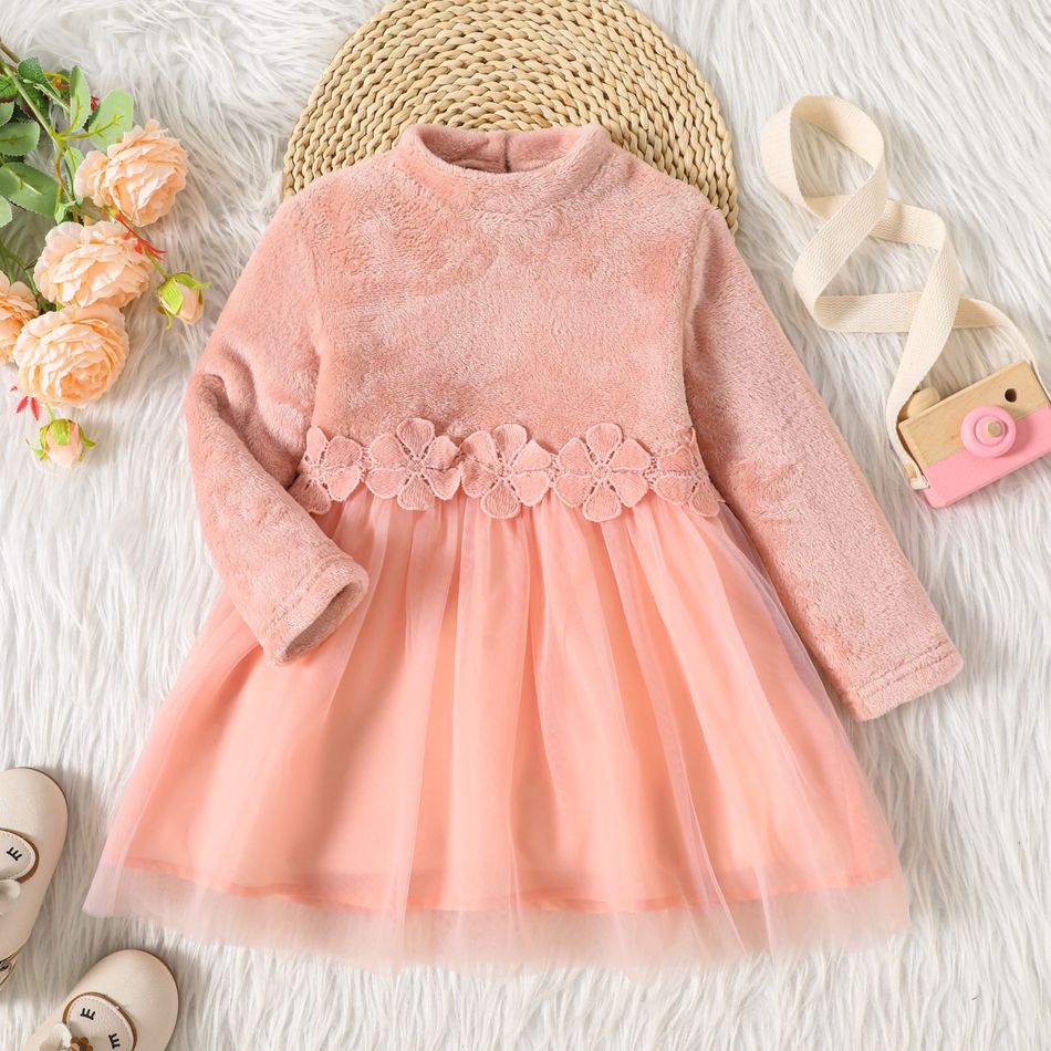 Toddler Girl Fleece Mesh Splice Mock Neck Floral Design Long-sleeve Pink Dress Pink big image 1