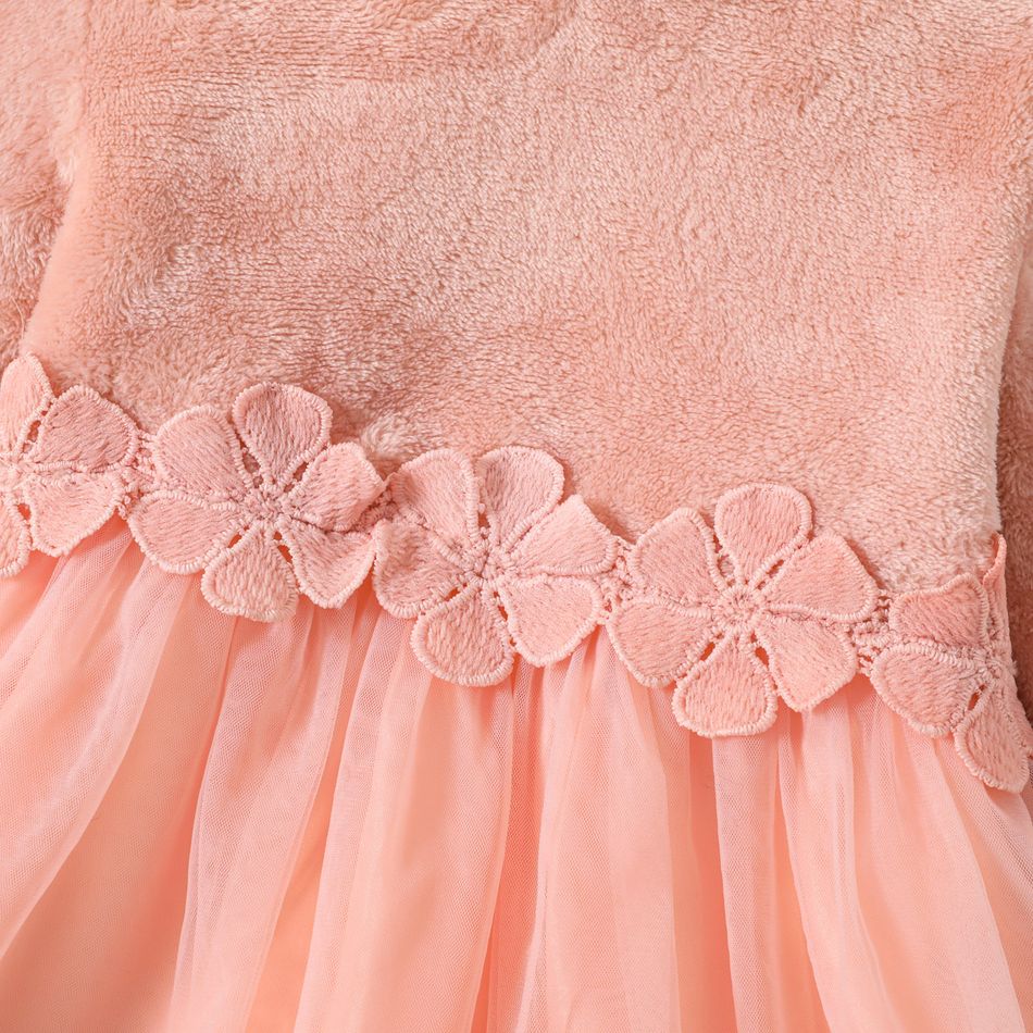 Toddler Girl Fleece Mesh Splice Mock Neck Floral Design Long-sleeve Pink Dress Pink big image 4