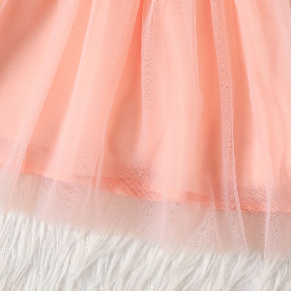 Toddler Girl Fleece Mesh Splice Mock Neck Floral Design Long-sleeve Pink Dress Pink big image 5