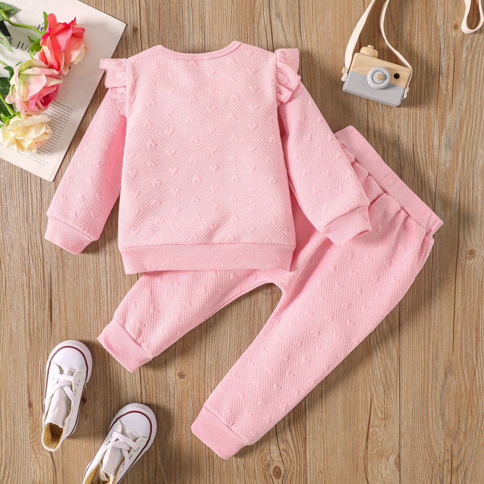 2pcs Toddler Girl Sweet Heart Embroidered Pink Sweatshirt and Pants Set Pink big image 2