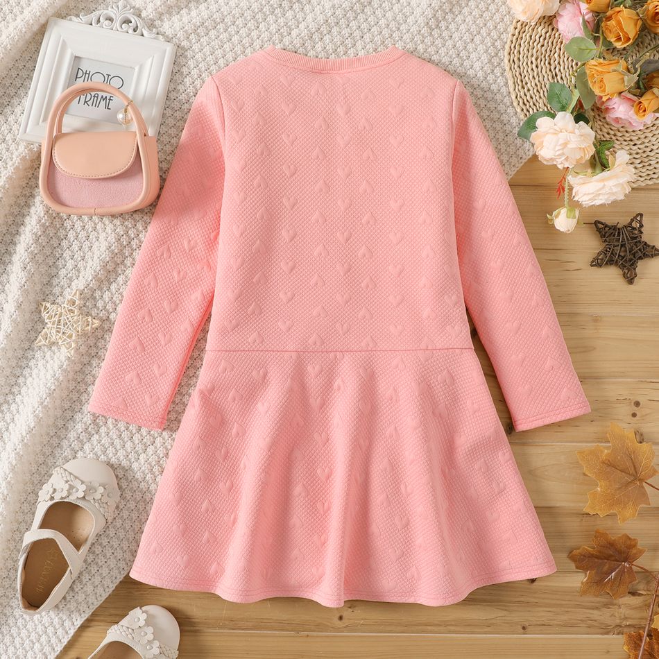Kid Girl Sweet Heart Textured Solid Color Long-sleeve Dress Pink