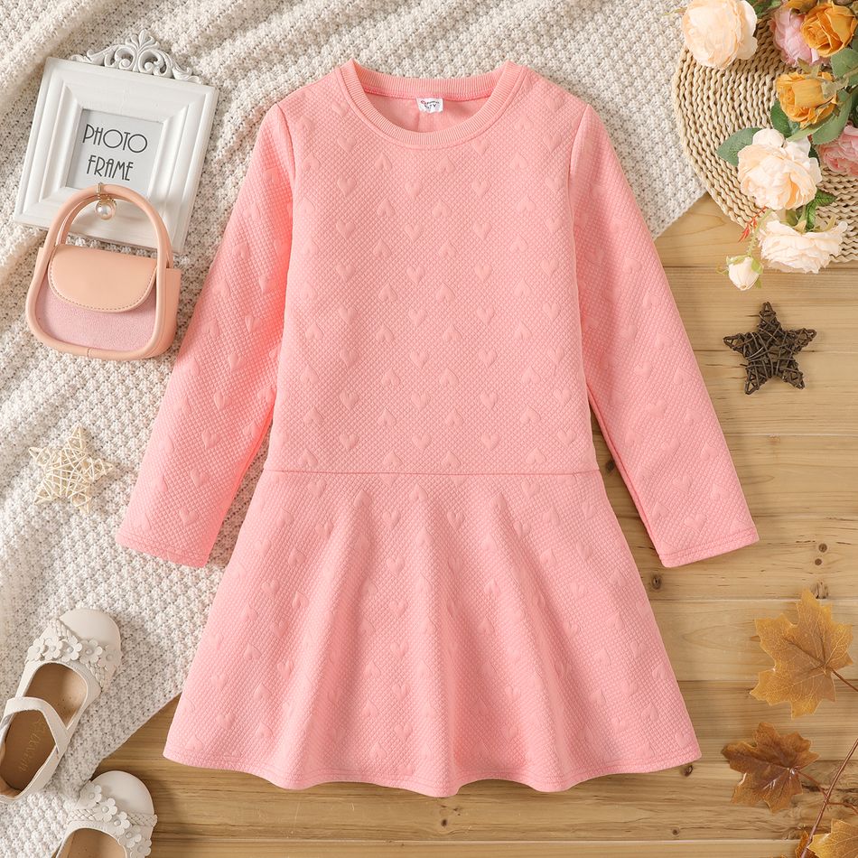 Kid Girl Sweet Heart Textured Solid Color Long-sleeve Dress Pink