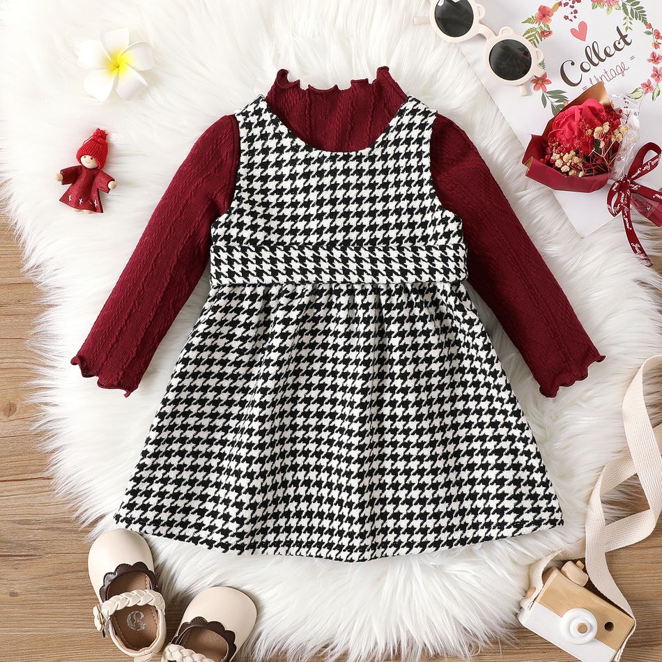 2pcs Baby Girl Solid Knitted Frill Neck Long-sleeve Top and Houndstooth Belted Tank Dress Set ColorBlock big image 3