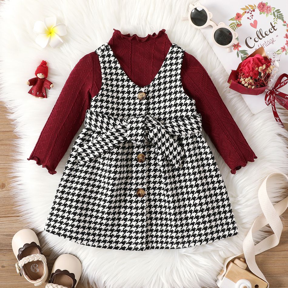 2pcs Baby Girl Solid Knitted Frill Neck Long-sleeve Top and Houndstooth Belted Tank Dress Set ColorBlock big image 1