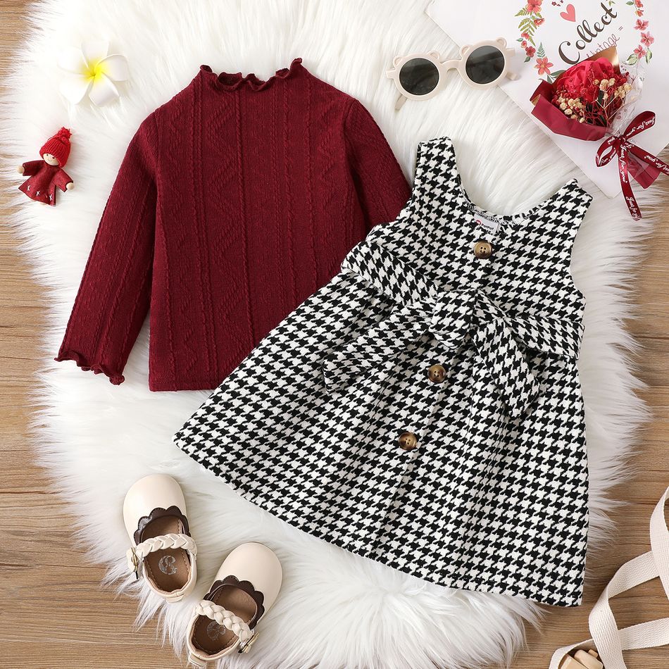 2pcs Baby Girl Solid Knitted Frill Neck Long-sleeve Top and Houndstooth Belted Tank Dress Set ColorBlock big image 2